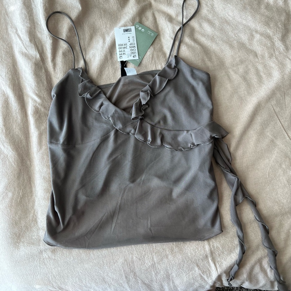 Sheer mesh ruffle tank top